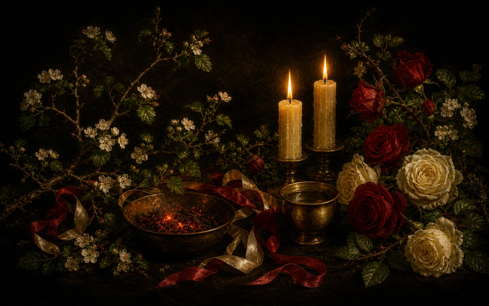 Hawthorn blossoms, red and ivory roses, paired candles, water, ribbons, and contained embers