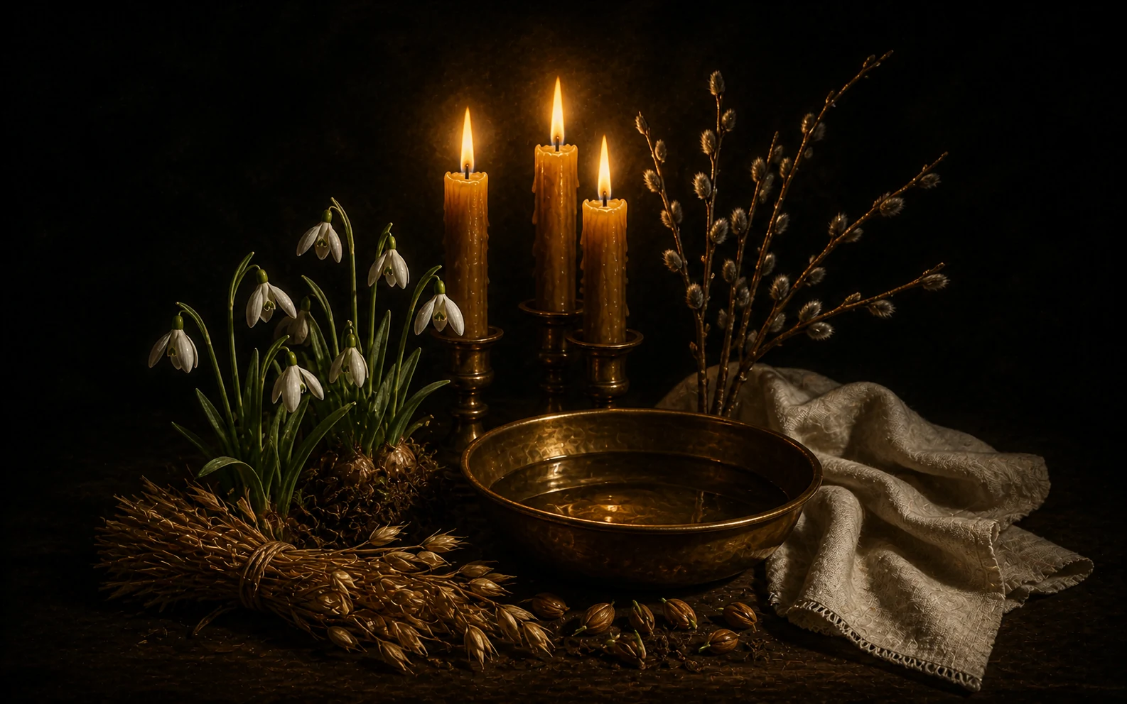 Three beeswax candles beside snowdrops, willow catkins, water, linen, straw, and germinating seeds