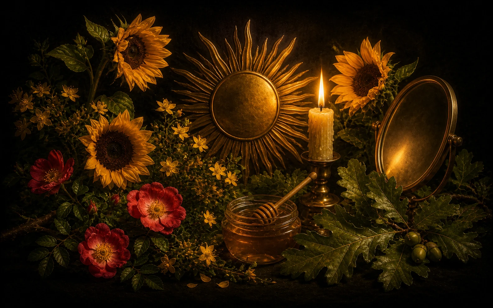 Sunflowers, wild roses, oak leaves, honey, a brass sun disk, candle, and antique mirror