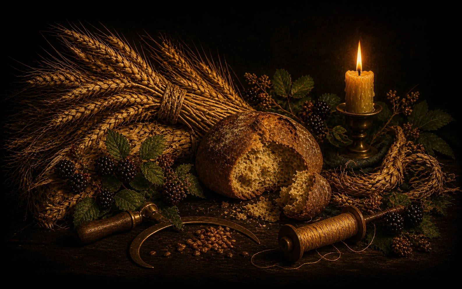Ripe grain, a broken round loaf, blackberries, braided straw, a brass sickle, golden thread, candle, and saved seed
