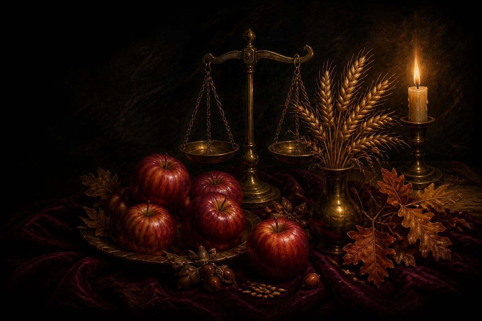 Antique balance scales surrounded by ripe red apples, wheat, oak leaves, candlelight, acorns, and saved seeds