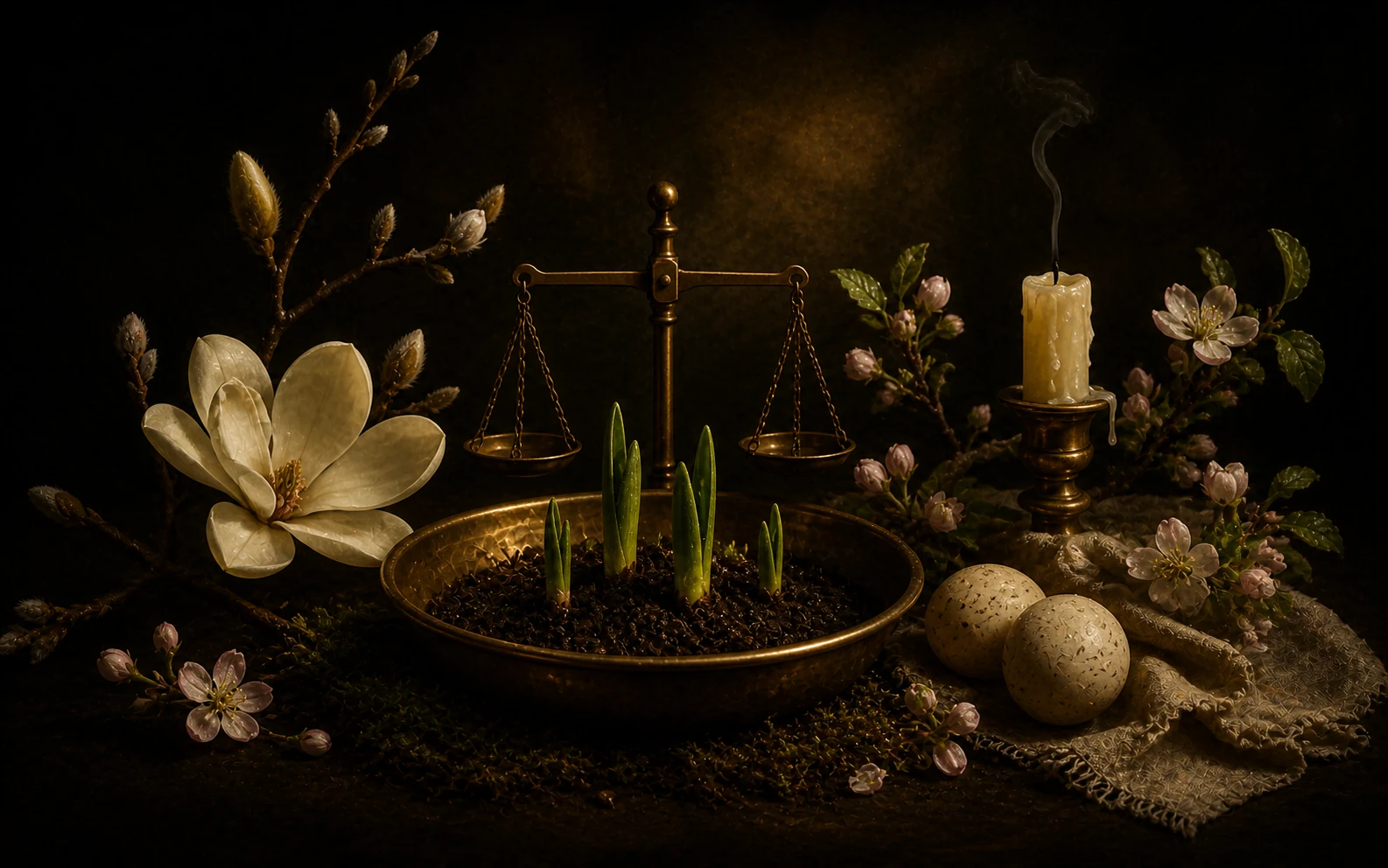 Blossoming branches, green shoots, naturally speckled eggs, a small balance, and dawn candlelight