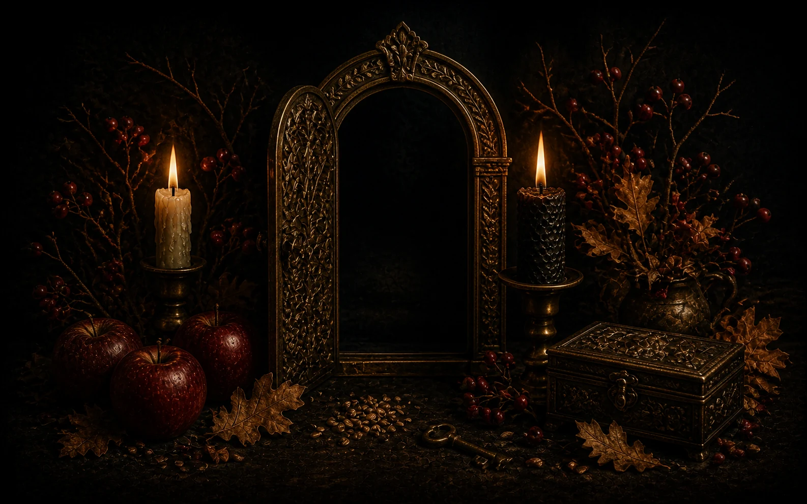 An open antique brass threshold with remembrance candles, late apples, hawthorn berries, oak leaves, a keepsake box, key, and saved seeds