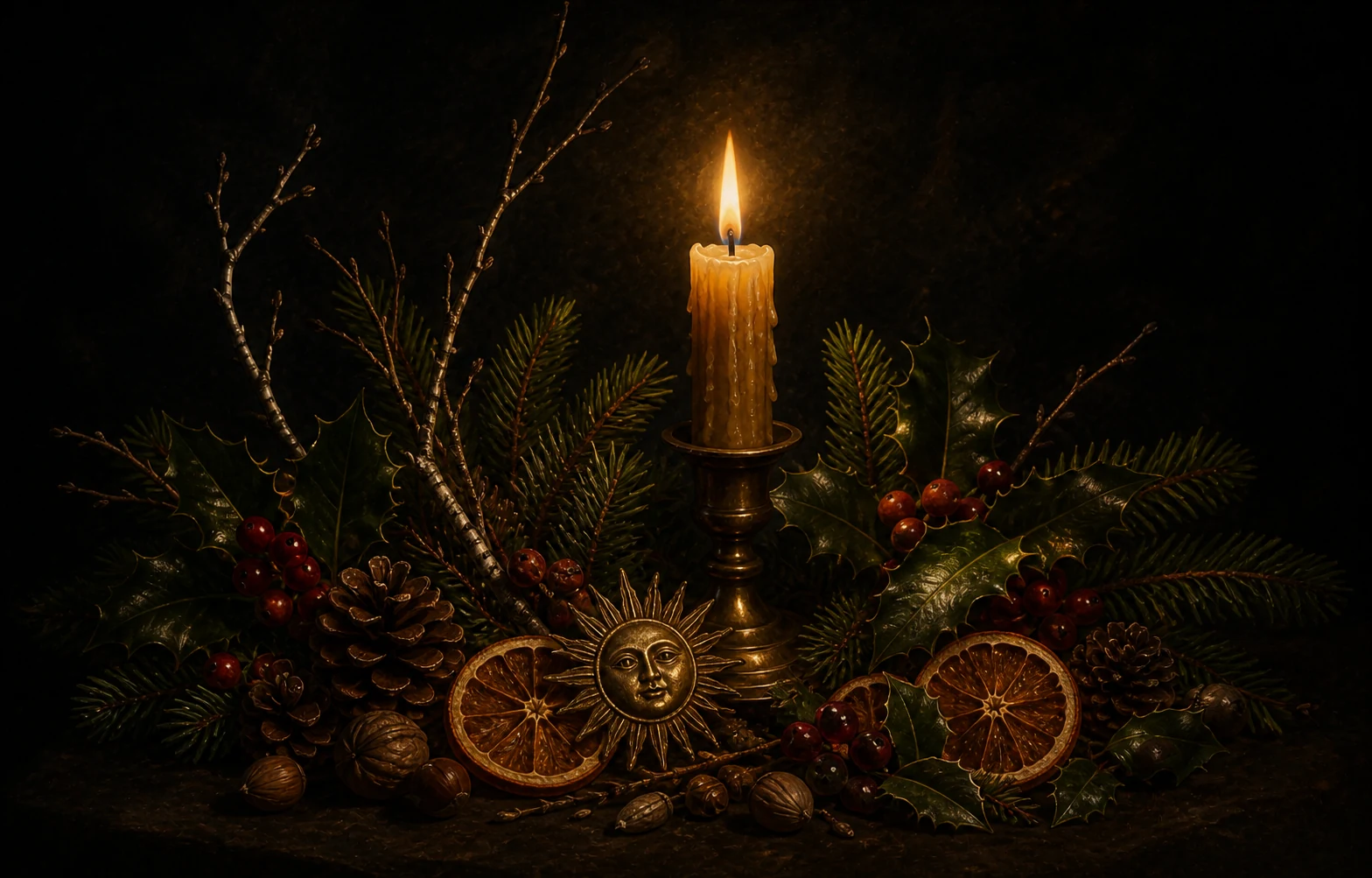 Candlelight among evergreen, holly, birch branches, dried orange, and an antique sun disk